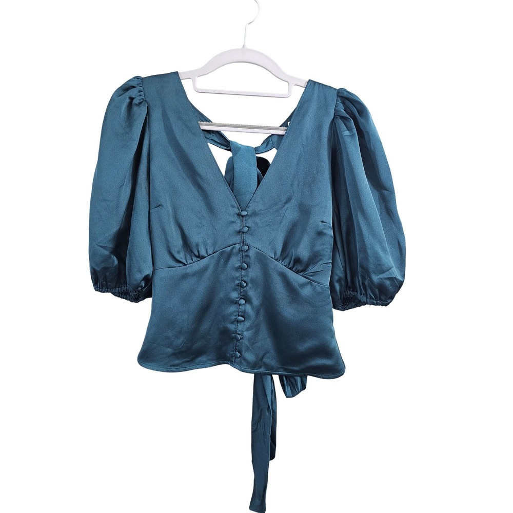 Abercrombie & Fitch Teal Satin Puff Sleeve Tie Back Button Front Crop Top XS EUC